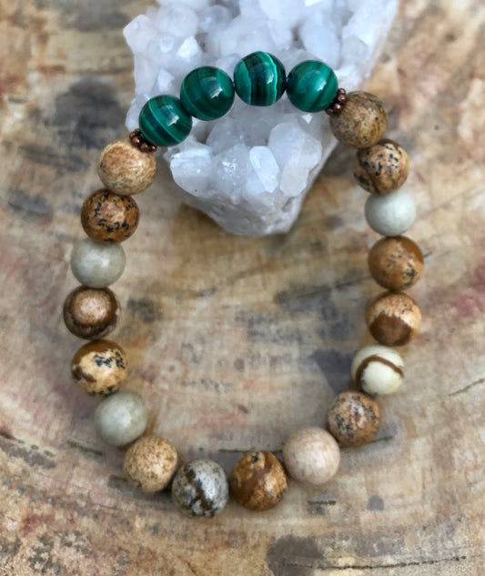 Genuine Malachite & Jasper Stretch Bracelet – Handmade Natural Gemstone