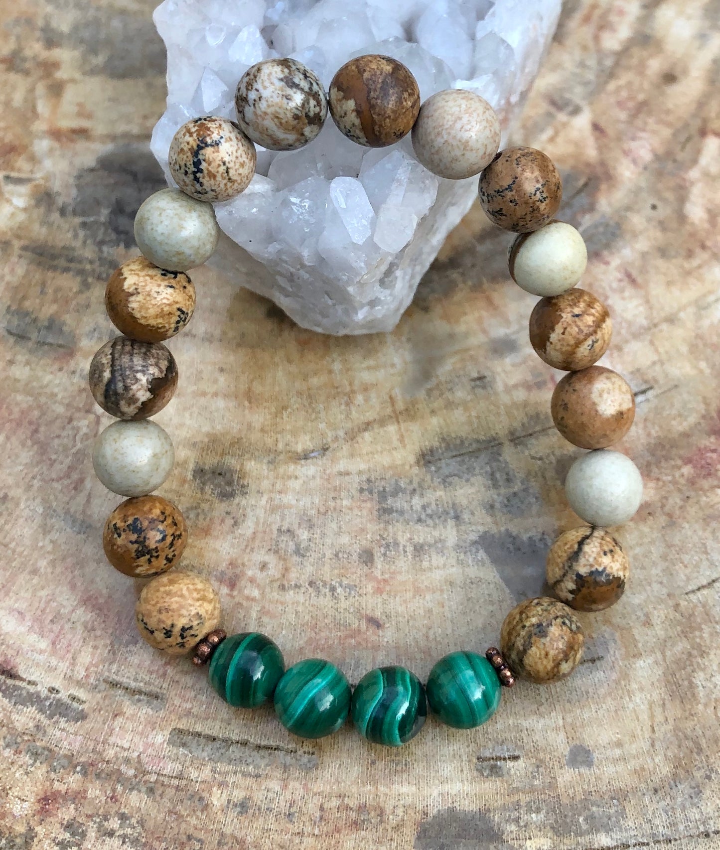 Genuine Malachite & Jasper Stretch Bracelet – Handmade Natural Gemstone